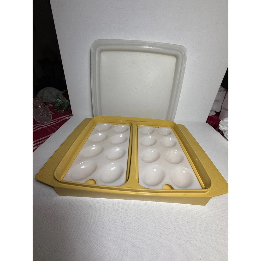 Vintage Tupperware Deviled Egg Keeper Tray Holder Tan Made In USA Retro 1980s